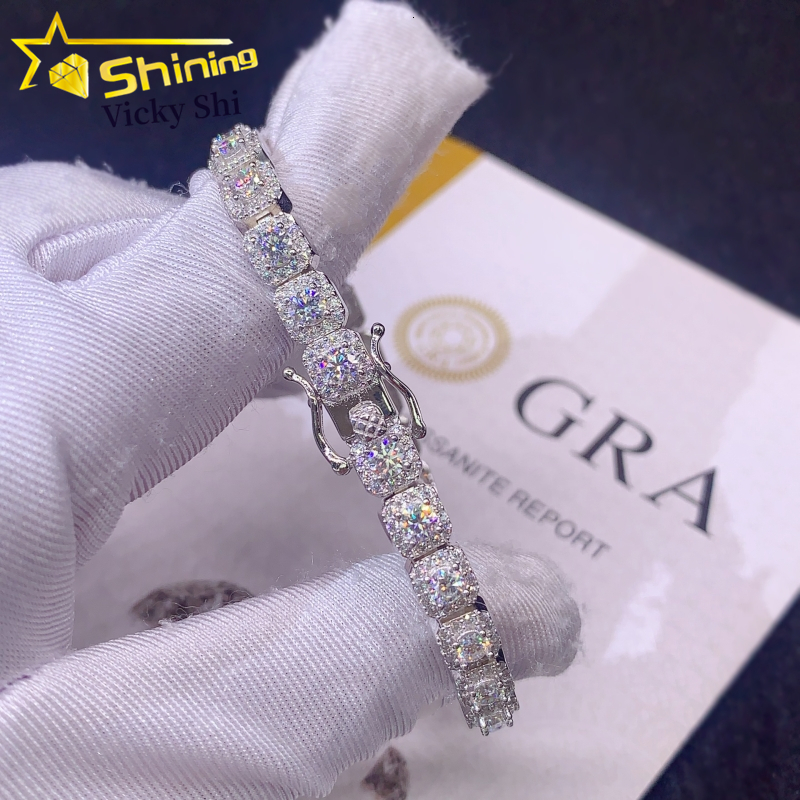 New Trendy Hip Hop Tennis Bracelet 6mm 925 Silver Vvs Moissanite Cluster Tennis Bracelet Women Men Fine Jewelry