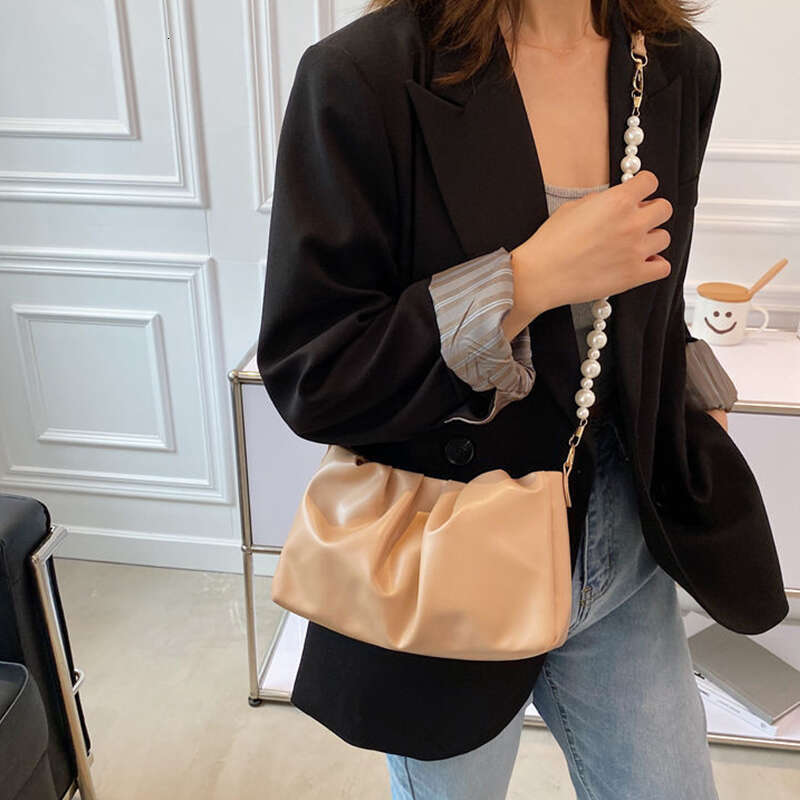 Pleated Crossbody Shoulder Bag Fashion Cloud PU Leather Small Handbags Purse Women Pearl Design Underarm Bags
