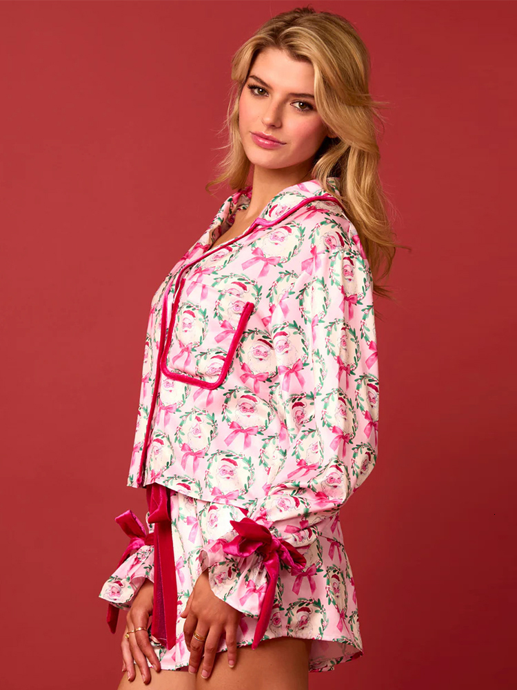 2025 Y k Pink Bow Pama for Women Piece Shorts Cute Short trend Sleeve Matching Lounge Shirts Sets S Santa Claus pamas