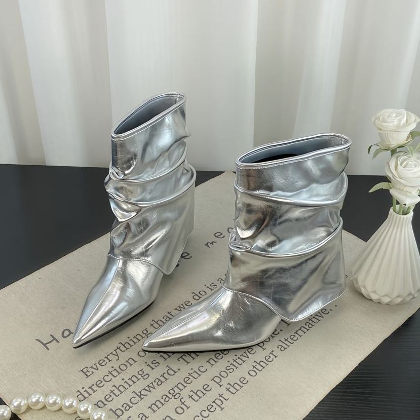 New European and American Niche Design Pointed High-heeled Wrinkled Boots