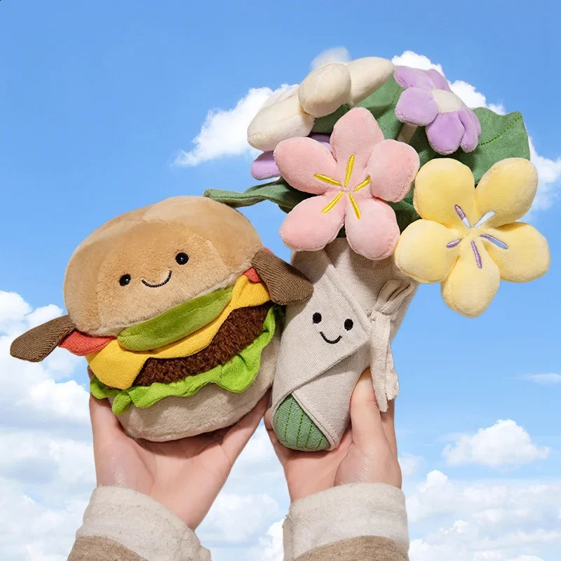 Kawaii Hamburger Plush Toy Soft Stuffed Bouquet Cushion Funny Food / Flower Pillow Cute Burger Doll Creative Birthday Gift 241021