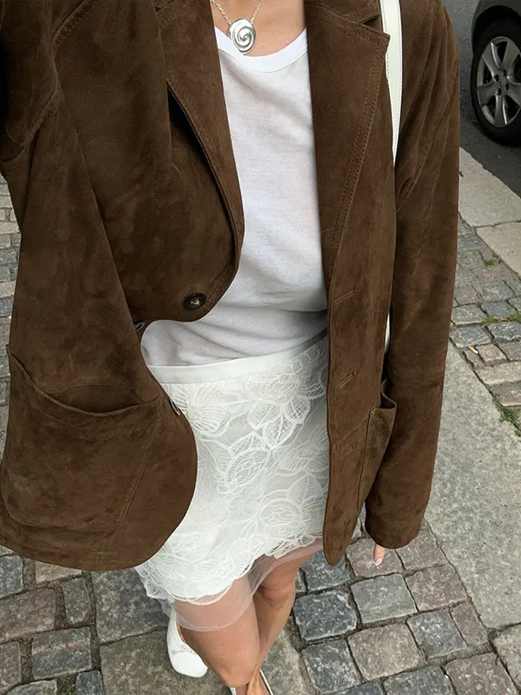 Fashionable womens retro brown single chest suede jacket fashionable lapel long sleeved jacket autumn casual womens street jacket 241021