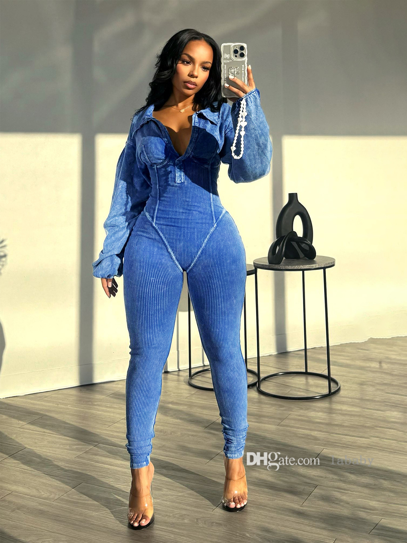 Knit Ribbed Women Jumpsuit Bodysuit Long Sleeve Moto Biker Playsuit 2024 Autumn Washed High Street Jumpsuits For Women Romper Suit
