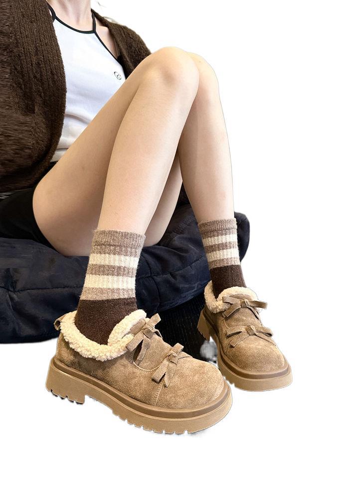 New Autumn Winter Style Added Velvet Thickened Warm Bow Tie Cotton Shoes
