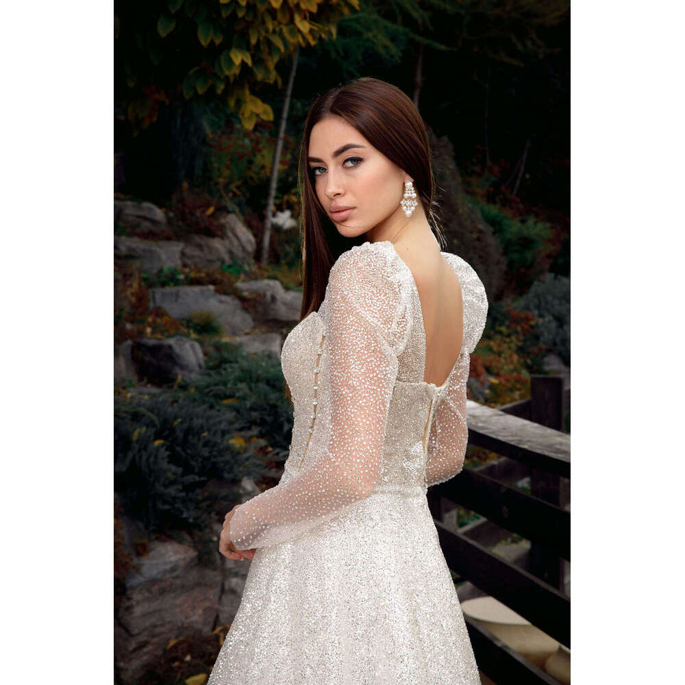 Wedding Dress A-E V-Neck Crystal Sequins Backless Long Sleeve Or-Length Princess Bride Vestido De Noiva Custom Made 0227Lz