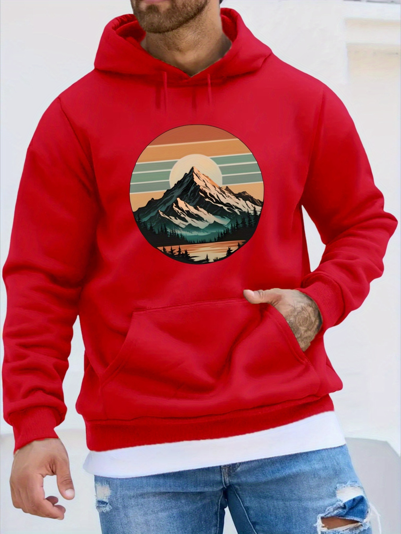 Men's Mountain Print Hoodie, Casual Polyester Pullover Sweatshirt, Long Sleeve, Regular Fit, Winter Fashion, American Style, Youth Plush, Unisex,