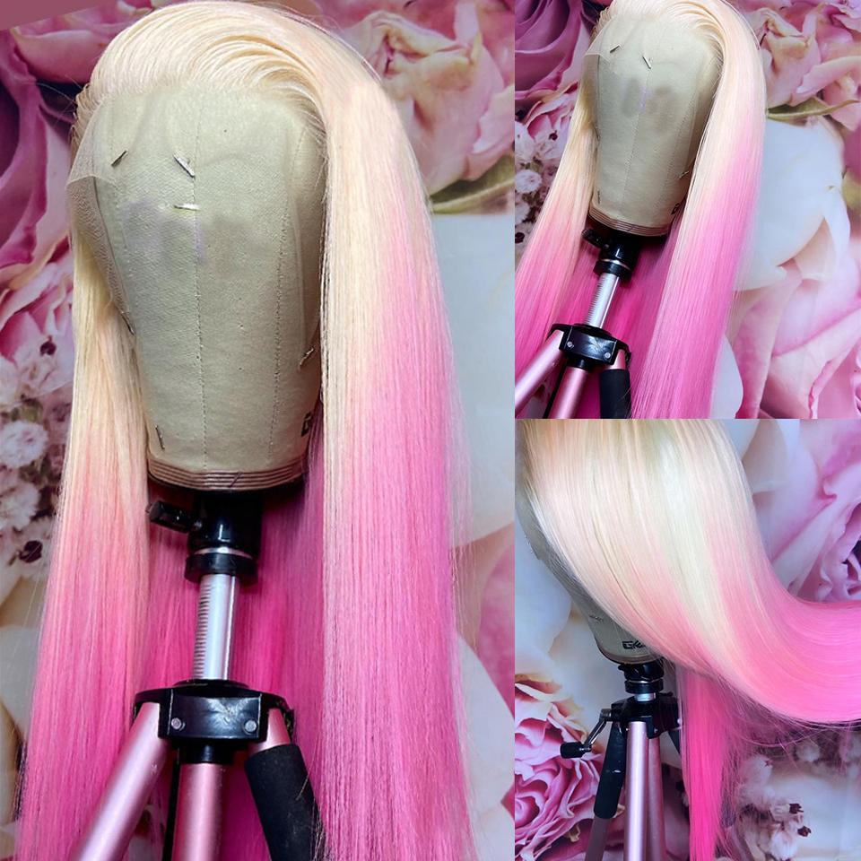 Free shipping 40 Inch Brazilian Bone Straight Pink Front wig Human Hair 13x4 HD Lace Frontal Wigs For Women Blonde 613 Colored Ombre Wig