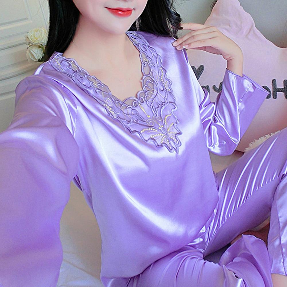 2025 Pcs Set Pamas Silky Long Sleeves V Neck Solid fashion Color Loose Sleeping Lace Plus Size Women Nightie Set for Bedroom