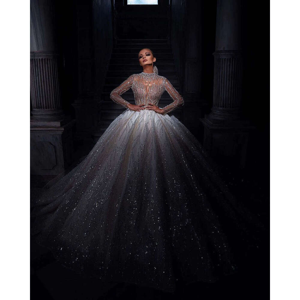 Wedding Dress Illusion Ball Gown High Collar Sequined Ruched Long Sleeve Or-Length Bride Vestido De Noiva Custom Made 0218