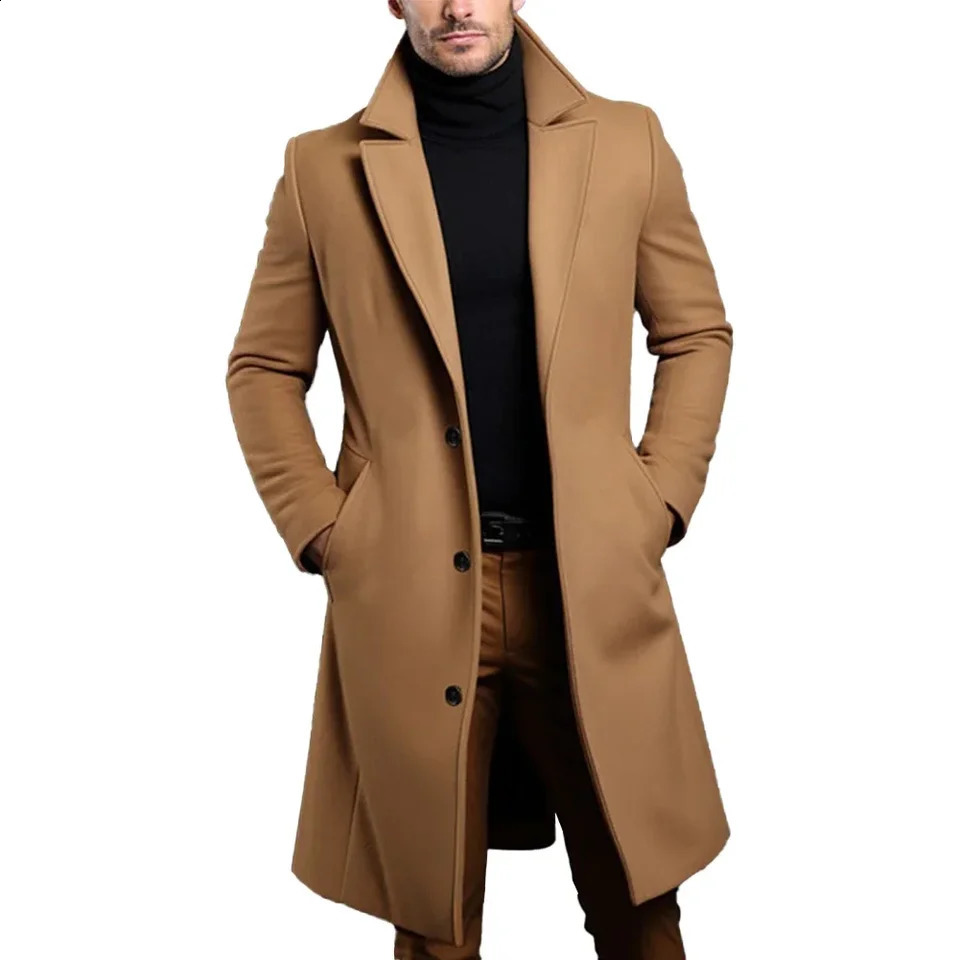 Atutuumn Winter Long Warm Wool Mens Trench Coat Solid Color Single breasted Wool Blended Coat 241021