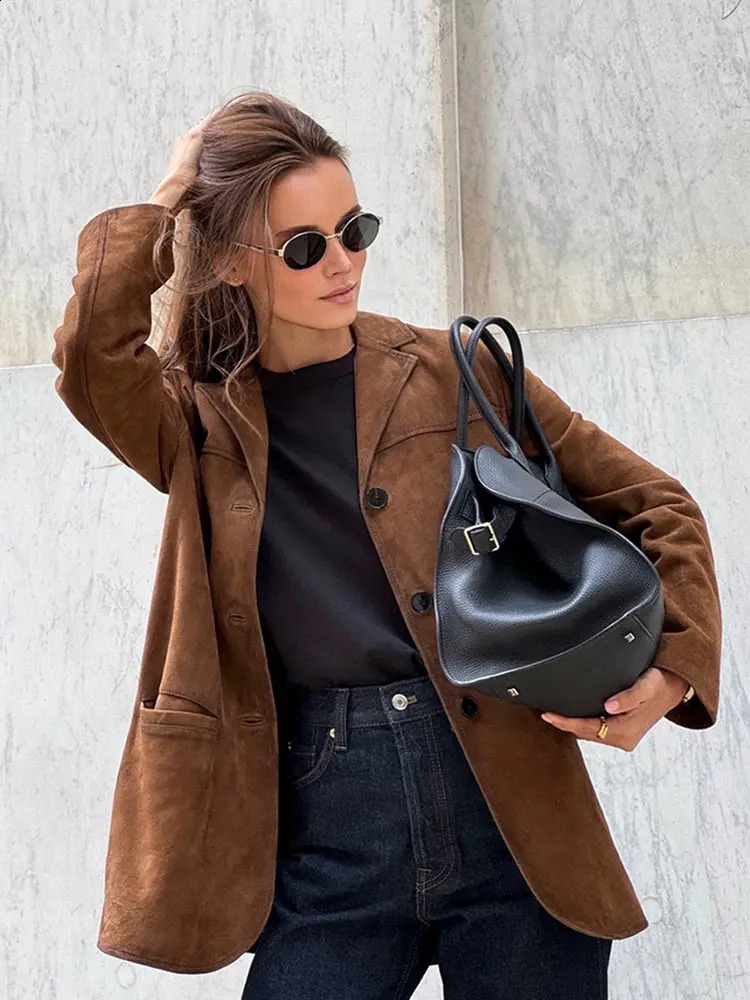 Fashionable womens retro brown single chest suede jacket fashionable lapel long sleeved jacket autumn casual womens street jacket 241021