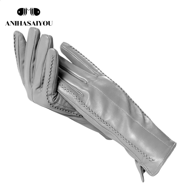 High grade women leather glovesGenuine Leather Light grey warm womens winter mittensSimple sheepskin gloves female-2226H 241024