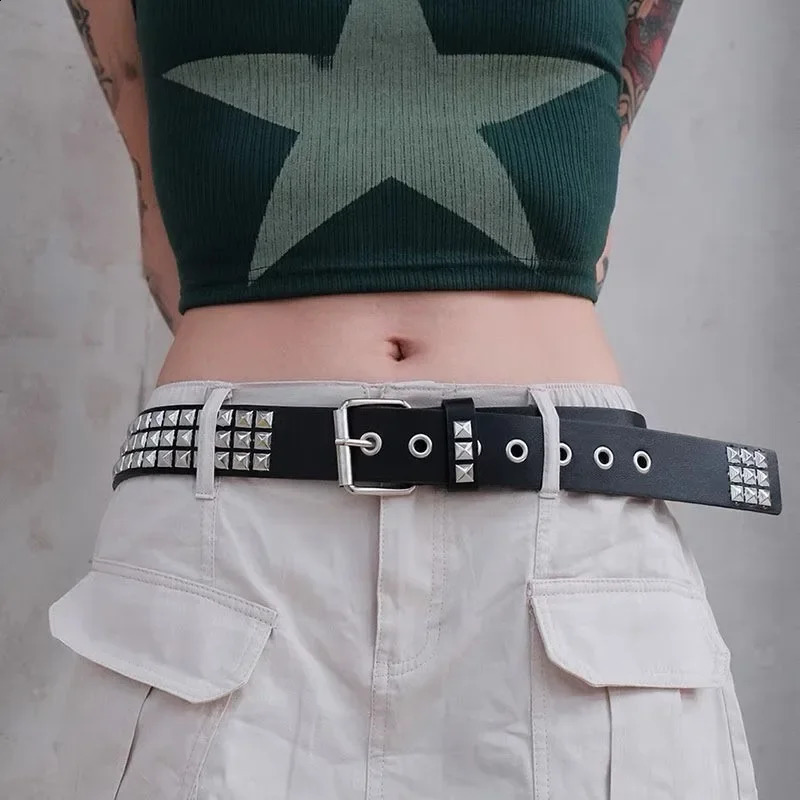 Punk Rivet Belt Metal Square Bead Women Men Bright Rock Studded Jeans Alloy Buckle Y2K Wide-brimmed Leather Waistband Belt 241024