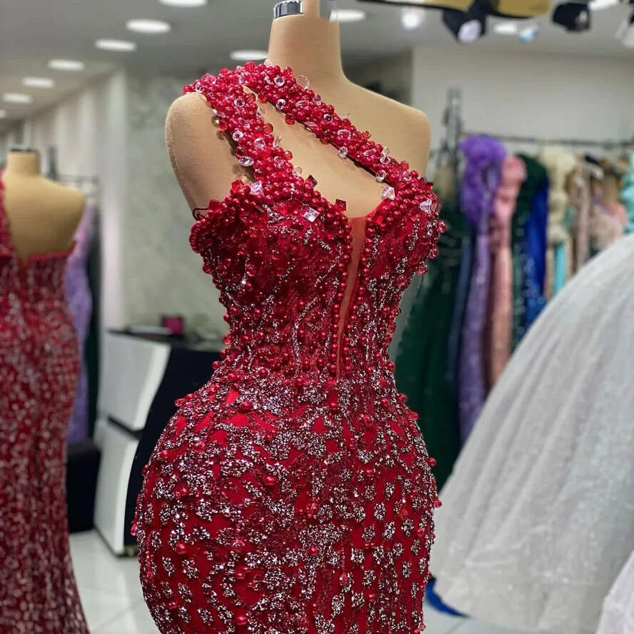 Dark August Aso Ebi Red Mermaid Prom Dress Pearls Sexy Evening Formal Party Second Reception Birthday Engagement Gowns Dresses Robe De Soiree ZJ es