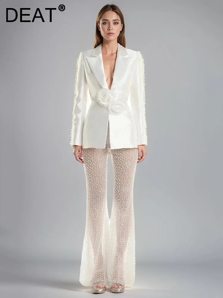 DEAT Fashion Womens 2-piece Set Slotted Single Button Back less Flower High Waist Sparkling Pearl Pants Summer 2024 Style 7AB4135 241021