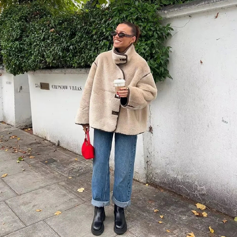 Taop Zas winter womens clothing contrasting color border wool loose jacket rack collar soft and comfortable wool leather jacket 241021