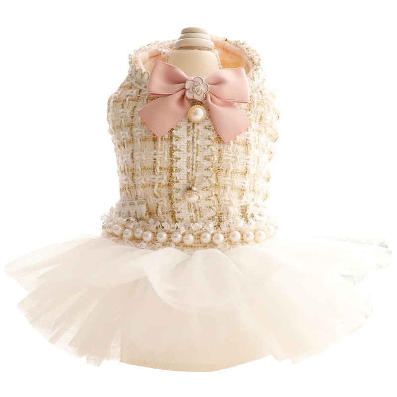 Elegant Autumn Winter Princess Dress Chic Style Pearl Clothes Wholesale Small Dog Apparel