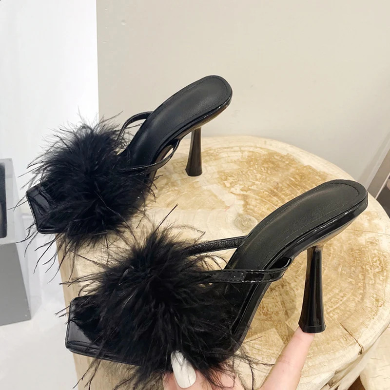 Liyke Summer Fashion Yellow Fluffy Furry Women Slippers Mules High Heels Slides Female Gladiator Sandals Party Banquet Shoes 241010