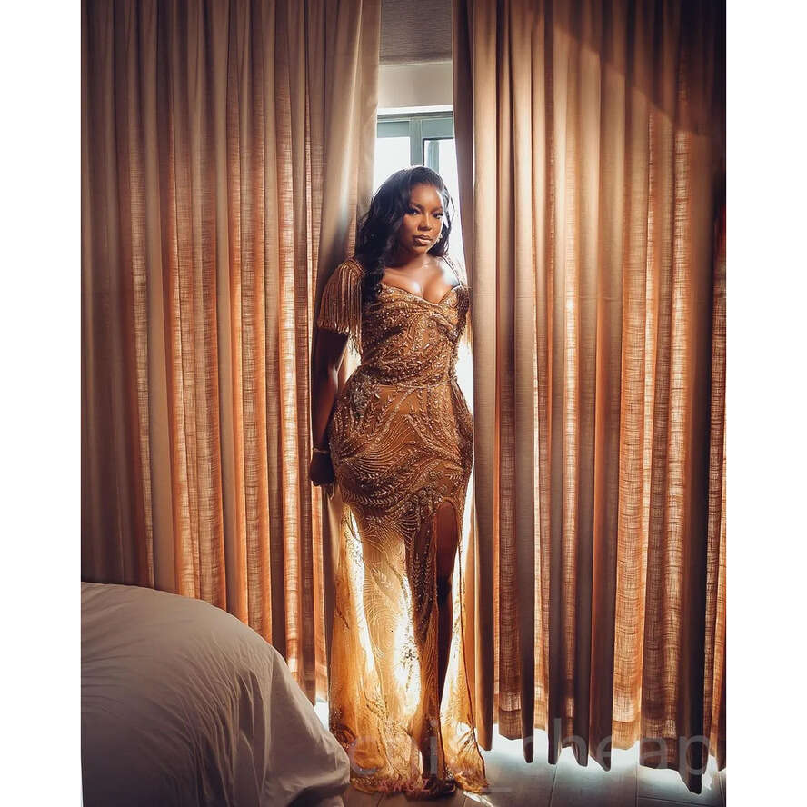 Aso Ebi Gold Arabic Mermaid Prom Dresses Sequined Lace Urious Evening Formal Party Second Reception Birthday Engagement Gowns Dress ZJ