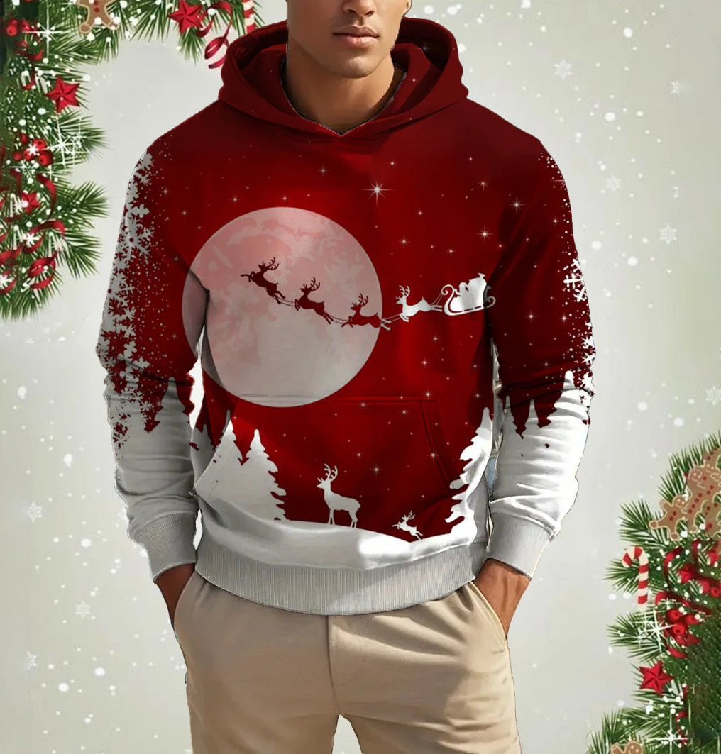 Mens Santa Claus Fashion Hoodie 3D Pattern Printed Top Autumn Winter Casual Long Sleeve Oversized Christmas Theme Hoodie 241021