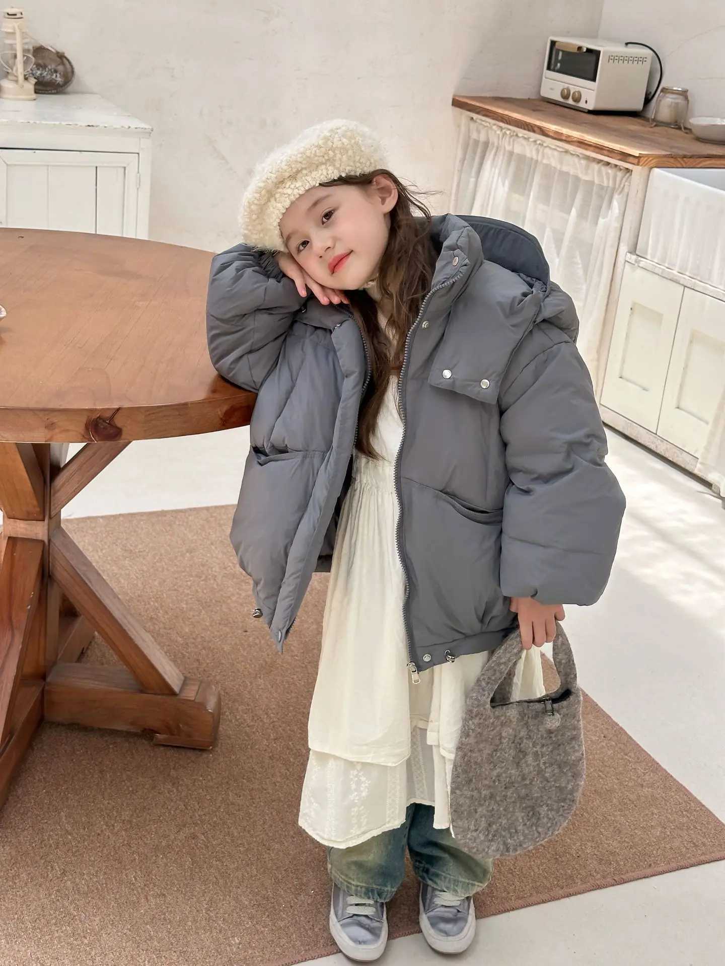 Boys Girls Down Jackets Winter White Duck Down Warm Solid Hooded Coat Children Zipper Casual Loose Puffer Outerwear 5-12YXJ241021