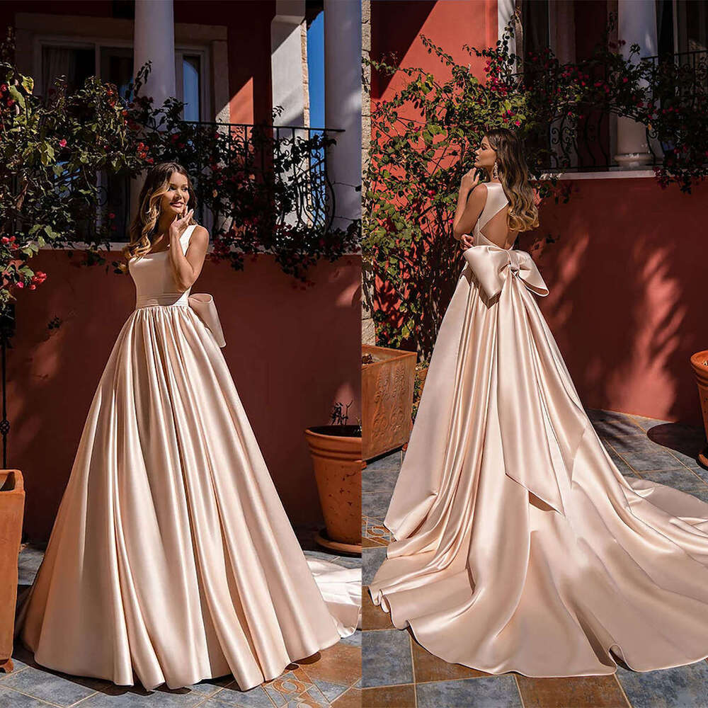 Elegant Wedding Dress A-E Square Collar Bow Backless Sleeveless Chapel Train Bride Vestido De Noiva Custom Made 0228Lz
