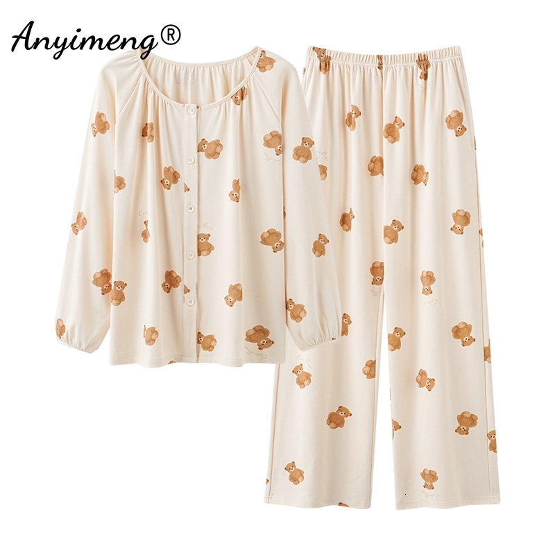 2025 New designer cute bear print autumn and winter women s fashion cotton Pama set long sleeved Pamas pleated cuffs pajamas cardigan wool sweater hom