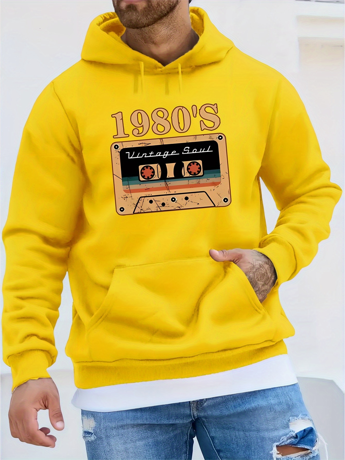 1980's Cassette Tape Graphic Print Men's Long Sleeve Hooded Sweatshirt, Warm Fleece Pullover Hoodie With Kangaroo Pocket, Casual Comfortable