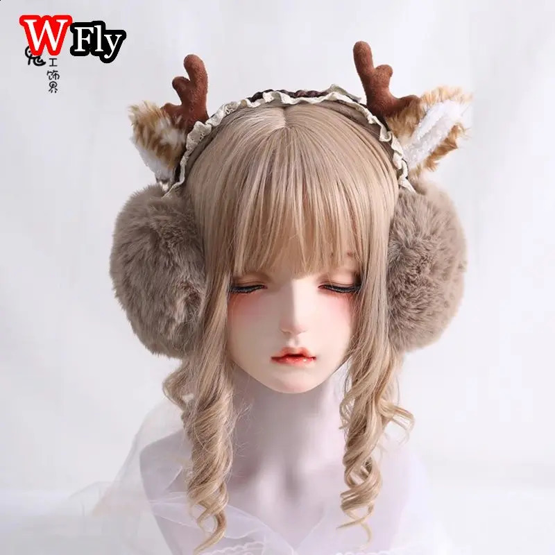 Women Harajuku Steampunk Christmas Earbuds Deer Antlers Foldable Ear Protectors Y2K Lolita Furry Girls Gothic Warm Earmuffs 241024