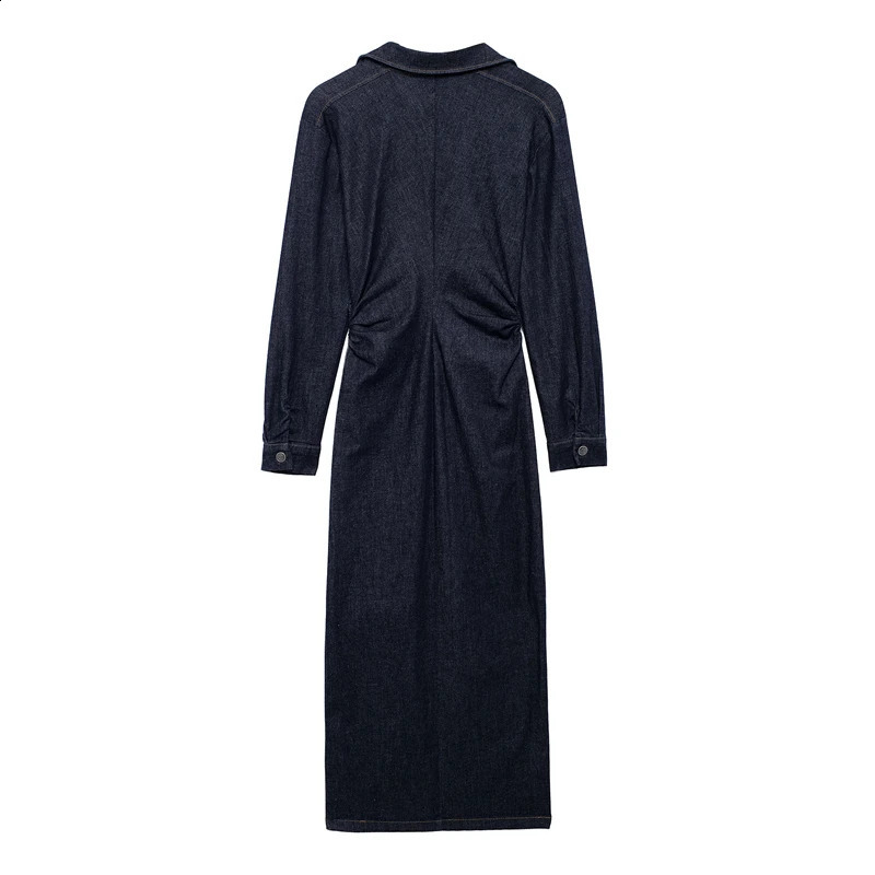 Womens denim dress retro denim long skirt long sleeved pleated waist tight fitting clothing fashionable and casual 241019