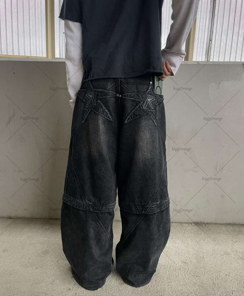 2024 Trendy Streetwear Trousers American Retro Embroidered Washed Distressed Baggy Jeans Men Gothic Punk Wide-Leg Straight Pants