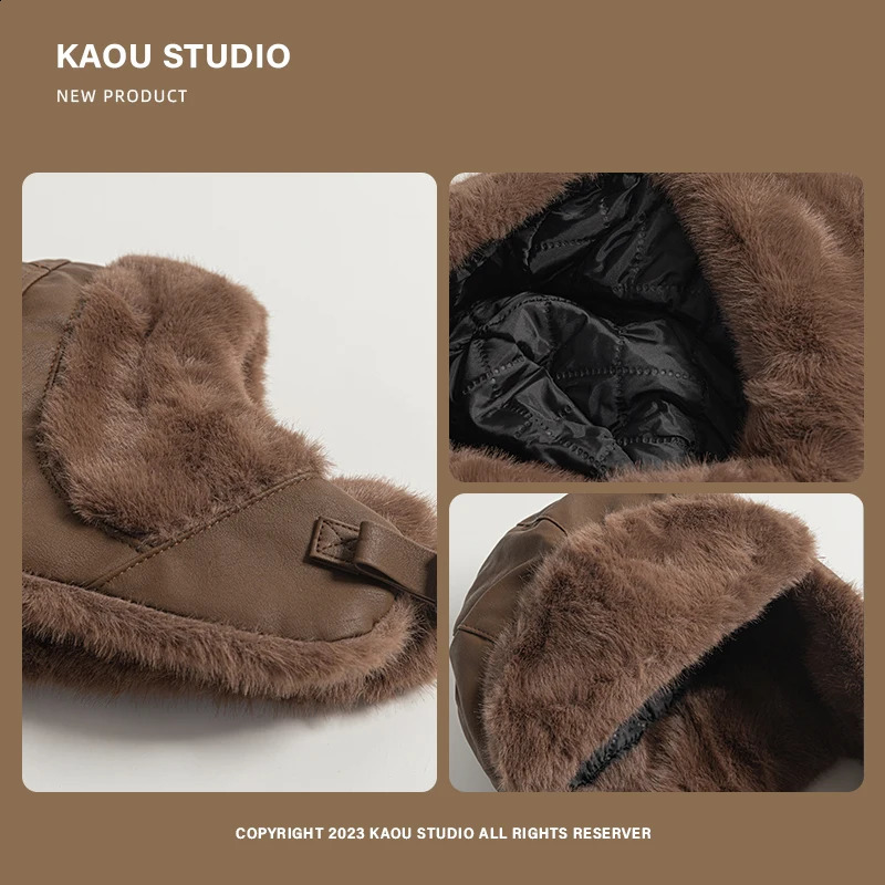 Winter Mens and Womens Leather Lei Feng Cap Retro Cold-proof Russian Hat Outdoor Velvet Ski Cycling Ear Protectors Bomber Hats 241024