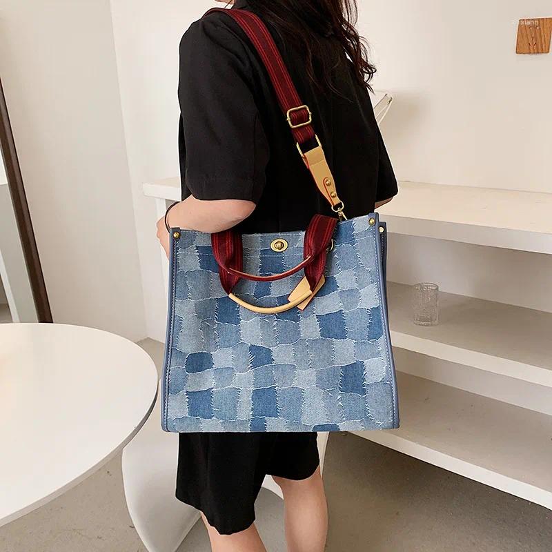 Drawstring Canvas Large Capacity Shoulder Crossbody New Bags Women's Fashion Retro Geometric Grid Travel Portable Storage Handbags