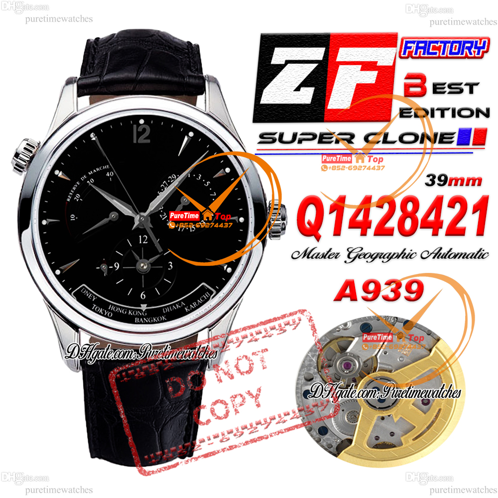 Master Geographic Q1428421 Real Power Reserve JLC A939 Automatic Mens Watch ZF Steel Case Black Dial Leather Strap CHS Puretimewatches Reloj Hombre