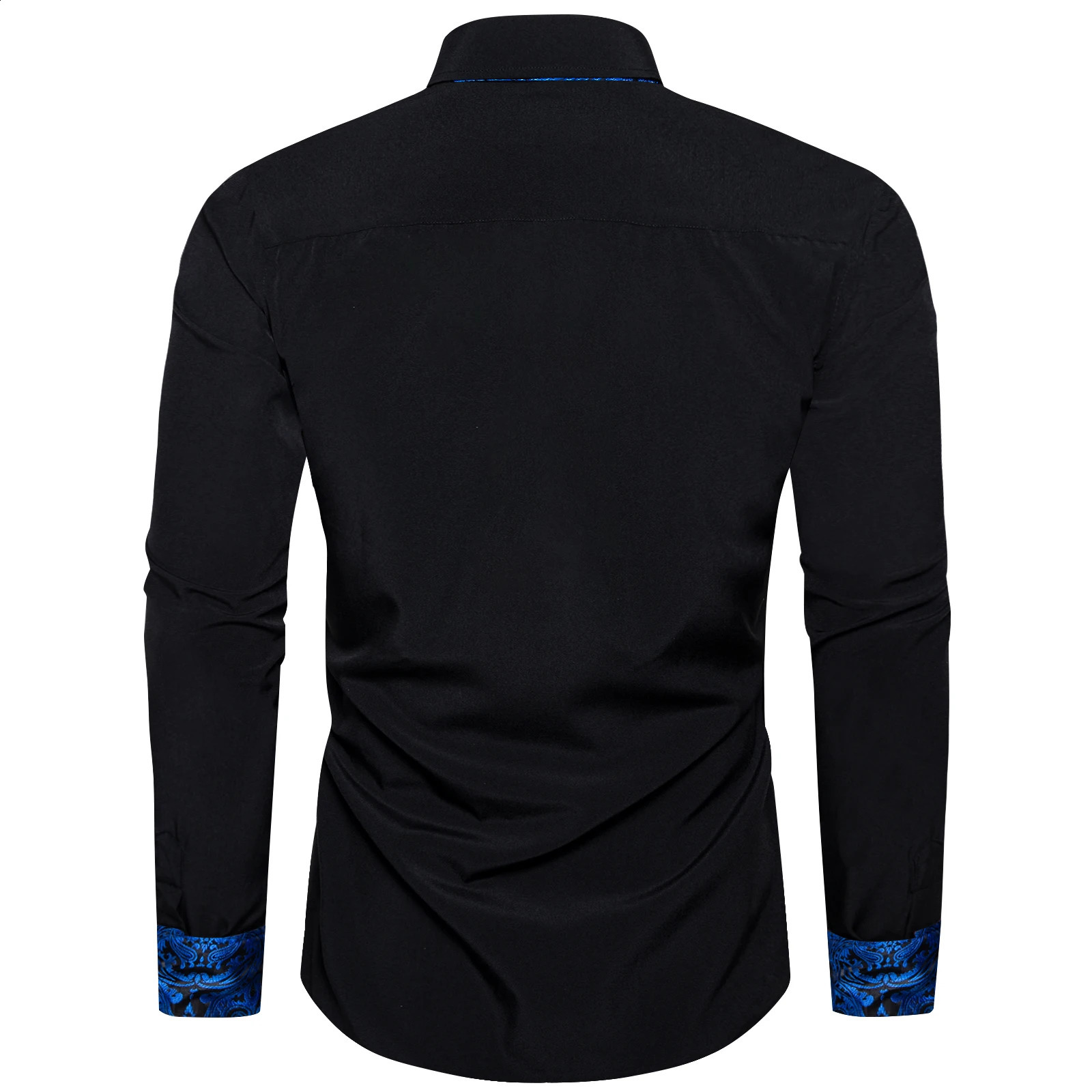 Mens polyester pure cotton black shirt long sleeved blue paisley patch work social casual dress elegant mens clothing 241007