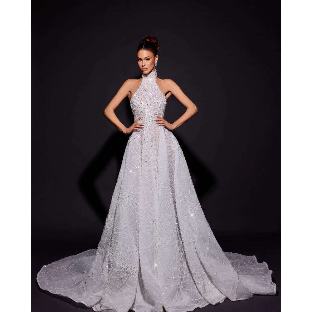 Ful Wedding Dress A-E Halter Sequined Beading Sleeveless Or-Length Princess Bride Vestido De Noiva Custom Made 0228Lz