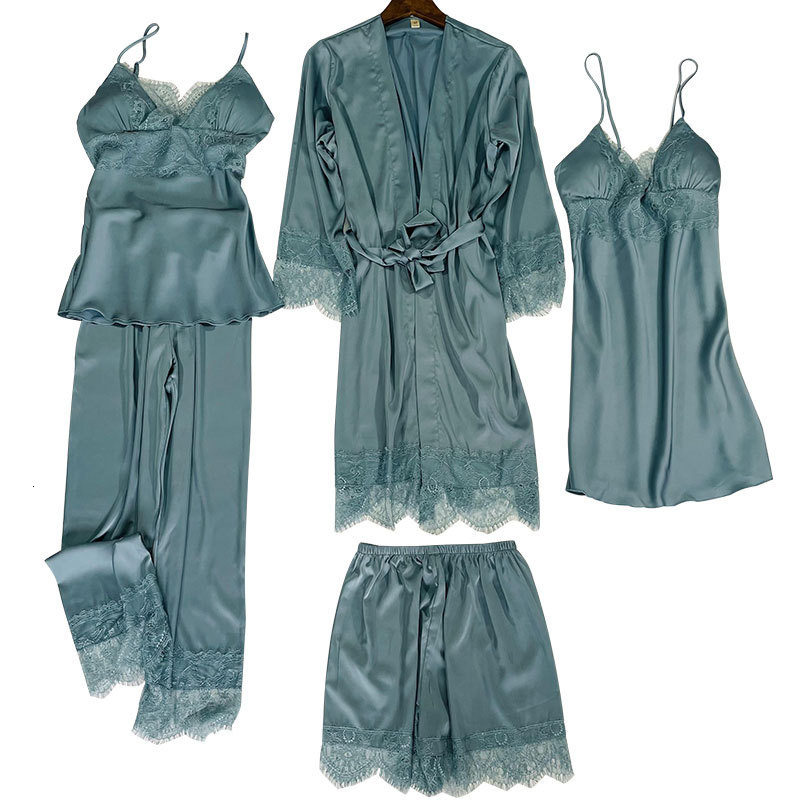 2025 New designer with breast pad full slip lace white ice silk Pamas women s fashion suspender shorts five piece set pajamas bathrobe