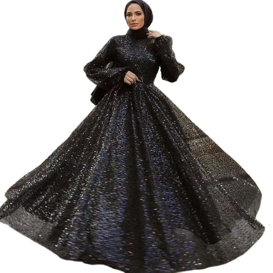 Sequined Glitter Black Muslim Evening Dresses For Women Hijab Or Length High Neck Prom Dress Long Sleeves Arabic Islamic Special Ocn Gowns