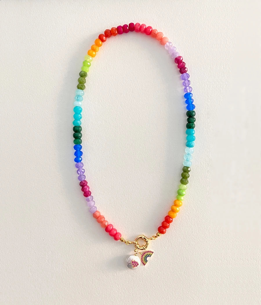 Rainbow natural semi stone necklace round beads bead necklace suitable for womens jewelry gifts 241019
