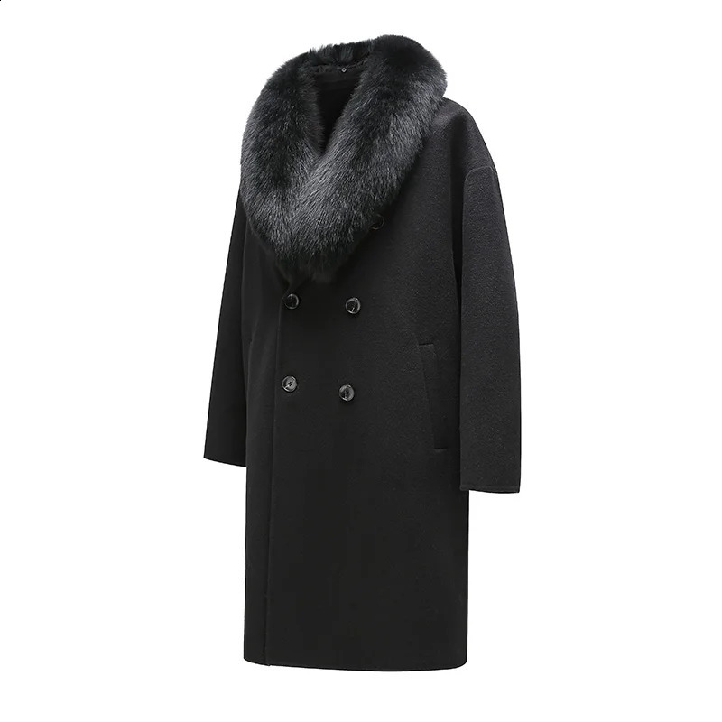 Mens 100% real wool coat with detachable big real fox fur collar warm coat for winter and autumn fluffy natural fur QN5119 241021