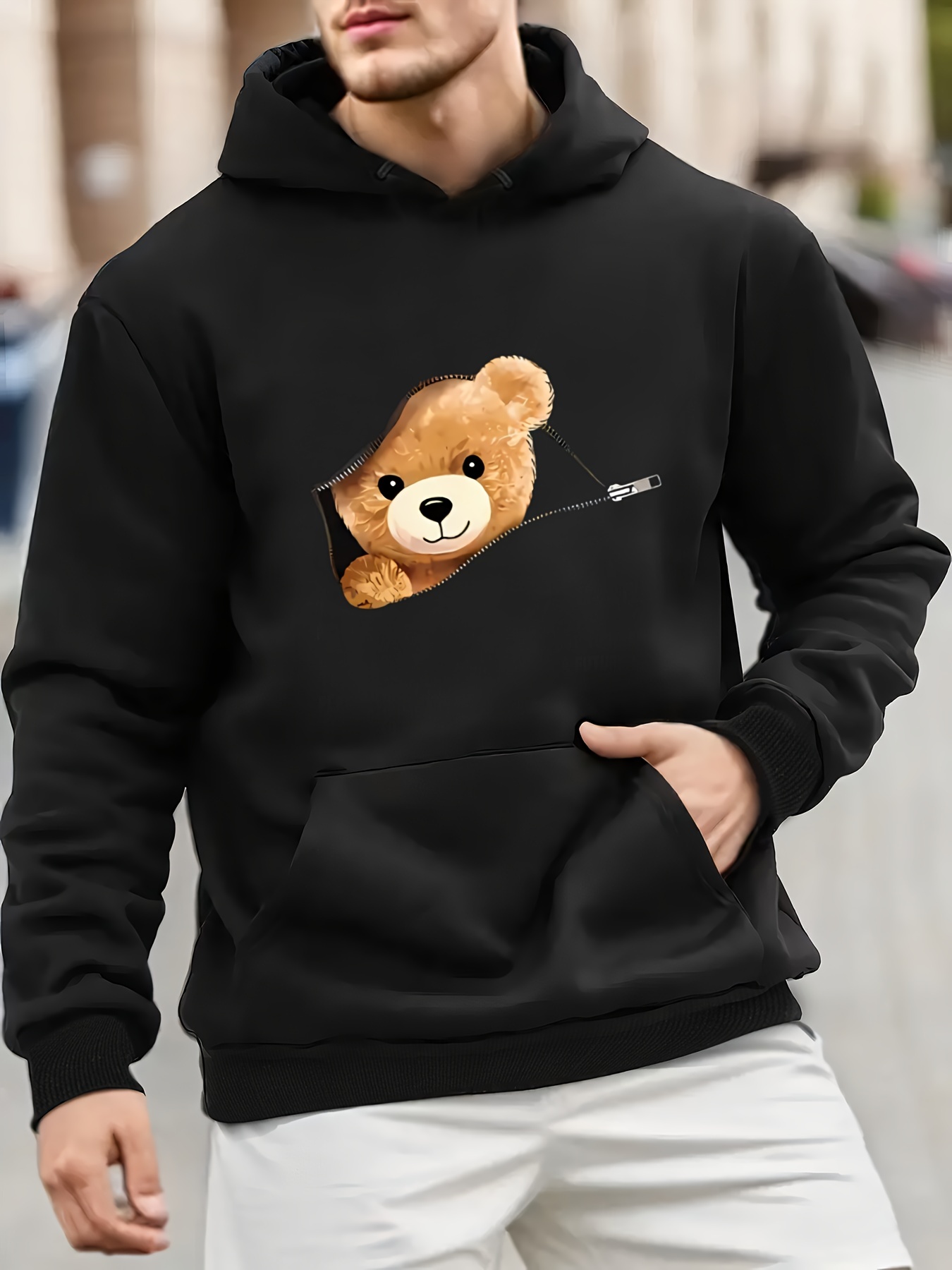 Iceboomc Men's Polyester Hoodie with Cartoon Teddy Bear Print - Casual Style, Hooded Sweatshirt with Slight Stretch, Regular Fit Knit Fabric Pull