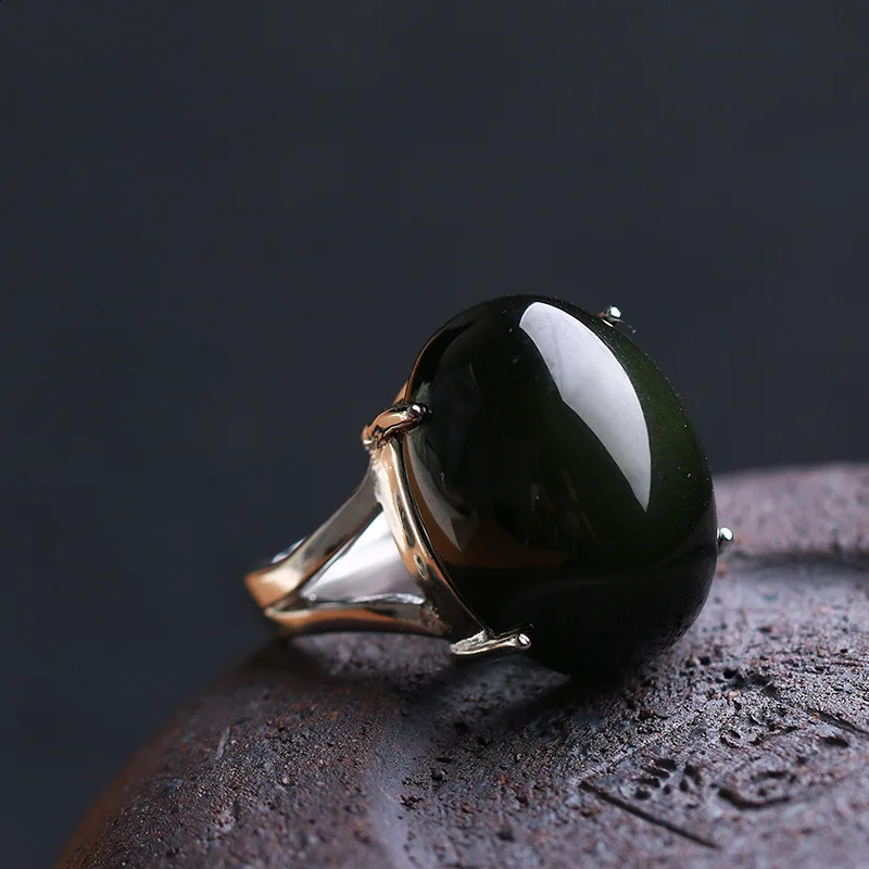 Natural Obsidian Ring Green Cats Eye S925 Pure Silver Mosaic Ring Simple Mens Gift Crystal Ring Jewelry Wholesale 241021