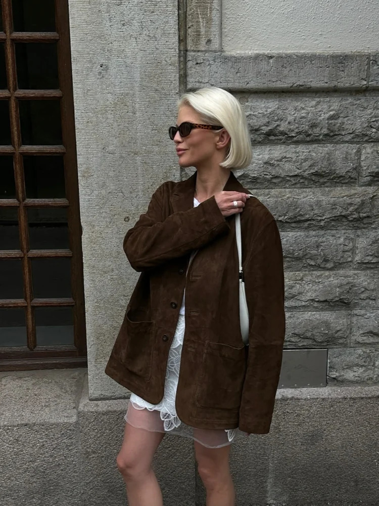 Fashionable womens retro brown single chest suede jacket fashionable lapel long sleeved jacket autumn casual womens street jacket 241021