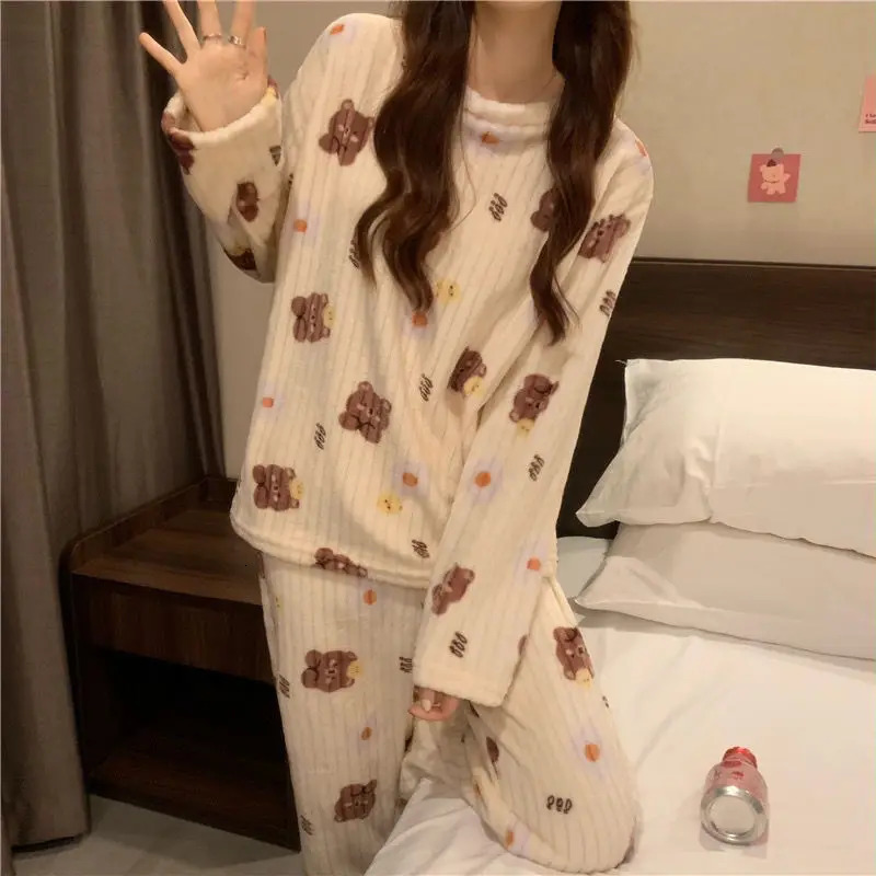 trend 2025 New Designer Top and Pants V shaped Set Thickened Warm Wool Cartoon Printed Cute Pama Set Women s Autumn Winter
