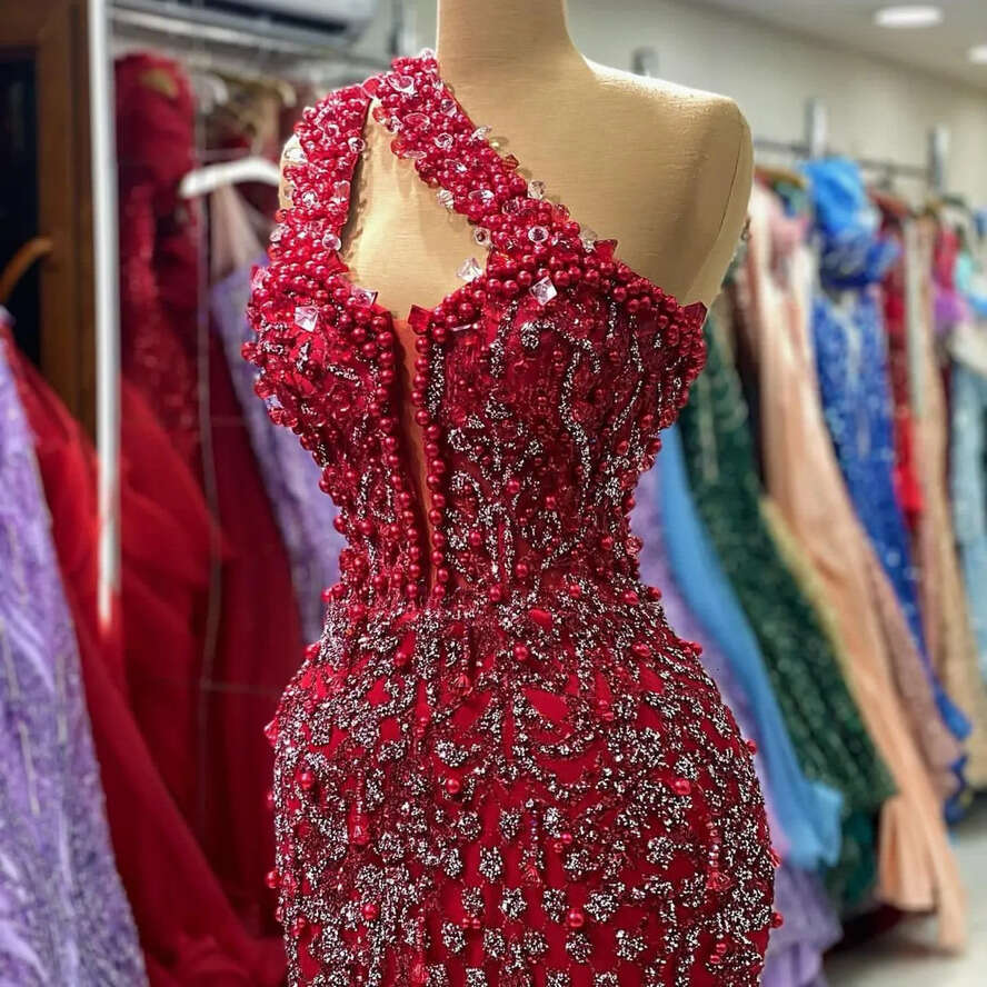 Dark August Aso Ebi Red Mermaid Prom Dress Pearls Sexy Evening Formal Party Second Reception Birthday Engagement Gowns Dresses Robe De Soiree ZJ es