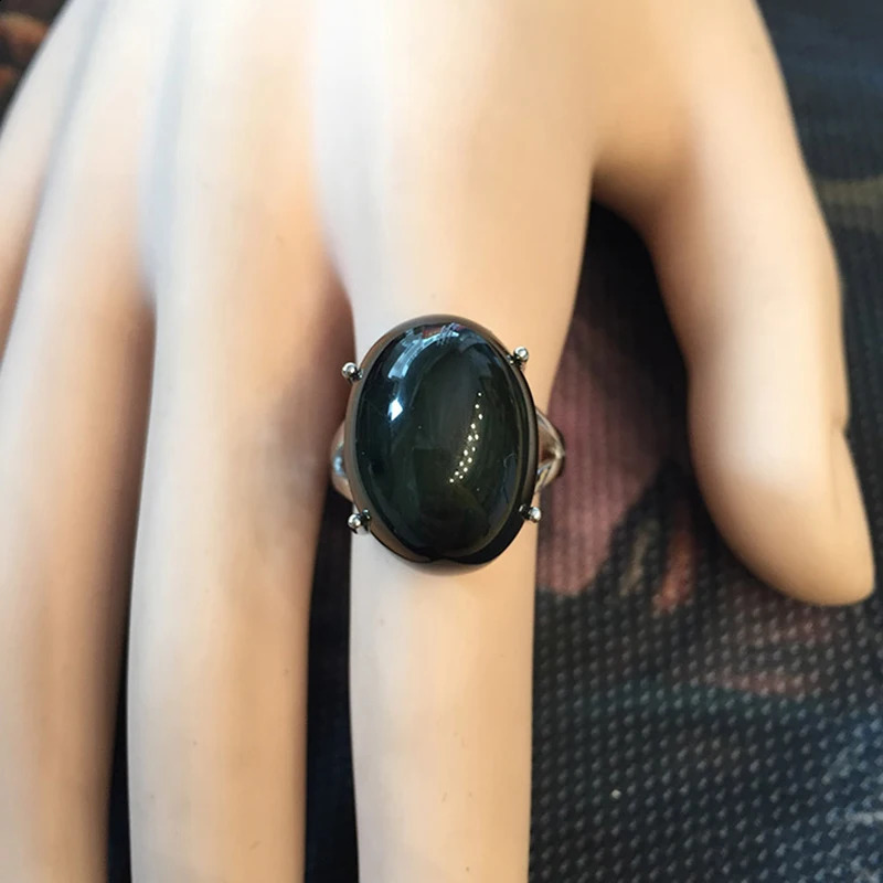 Natural Obsidian Ring Green Cats Eye S925 Pure Silver Mosaic Ring Simple Mens Gift Crystal Ring Jewelry Wholesale 241021