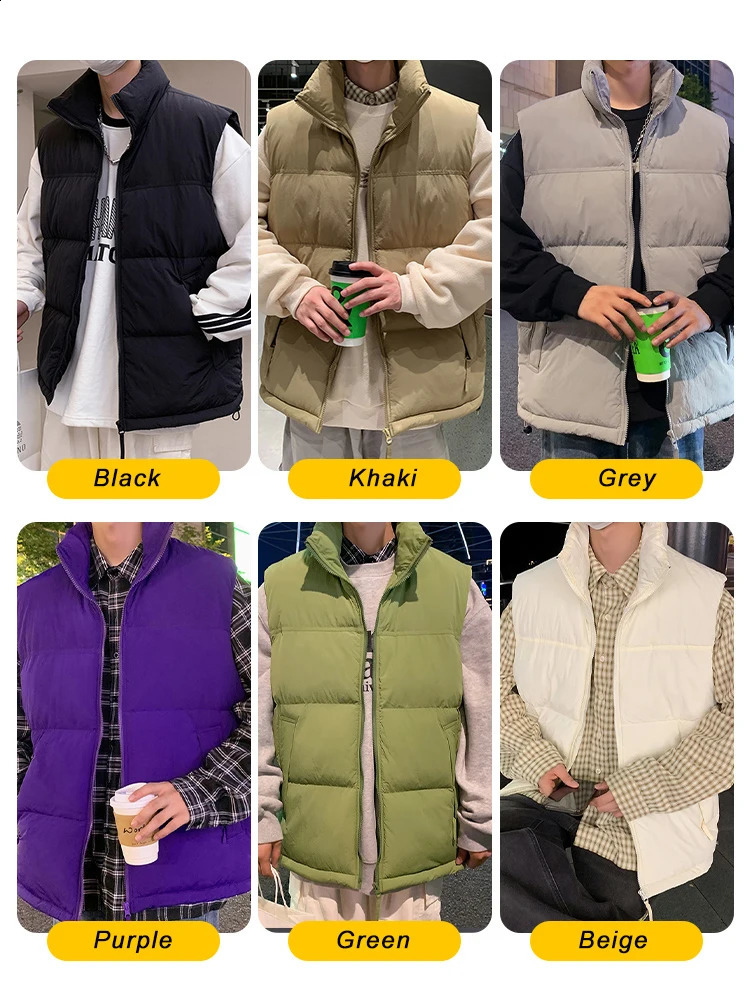 Winter Korean Mens Vests Stand Collar Zip Pockets SilkLike Cotton Padded Sleeveless Waistcoat Jacket Thick Thermal Gilet Coats 241021