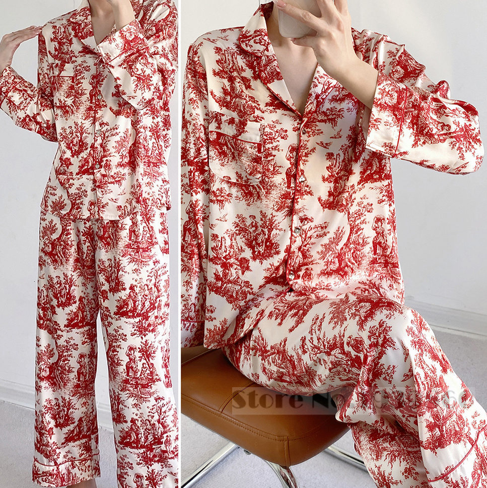 2025 New designer women s Pamas set trend casual wear red printed long sleeved pants set pajamas loose satin PCS shirt and pants home wear