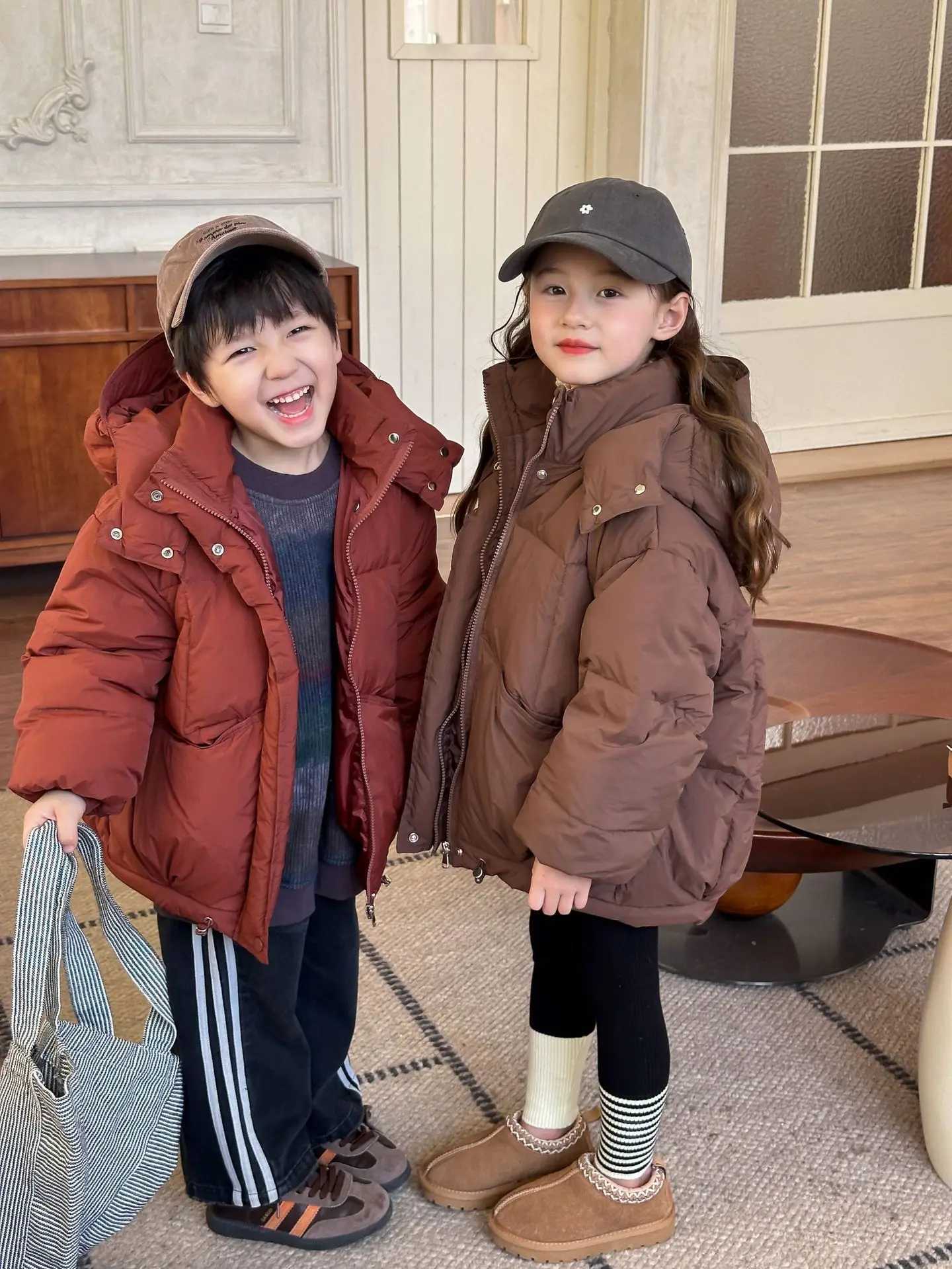Boys Girls Down Jackets Winter White Duck Down Warm Solid Hooded Coat Children Zipper Casual Loose Puffer Outerwear 5-12YXJ241021