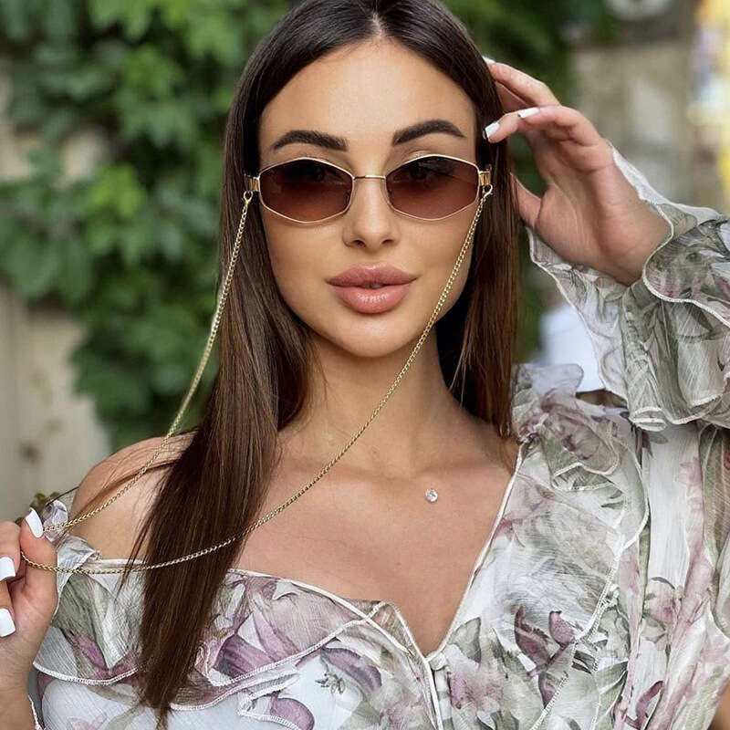 2025 sunglasses for men Irregular Fashion Small Women Brand Designer Trendy Polygonal Sun Glasses Ladies with Metal Eyewear Chain